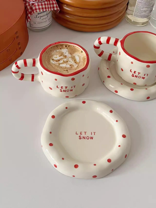 Set Colorat Cana si Farfurioara din Ceramica cu Buline, Pictata Manual, Design Festiv de Craciun, Ideala pentru Mic Dejun, Cappuccino, Ceai si Cadouri Inspirate, Cana Unica + Farfurioara Asortata [3]
