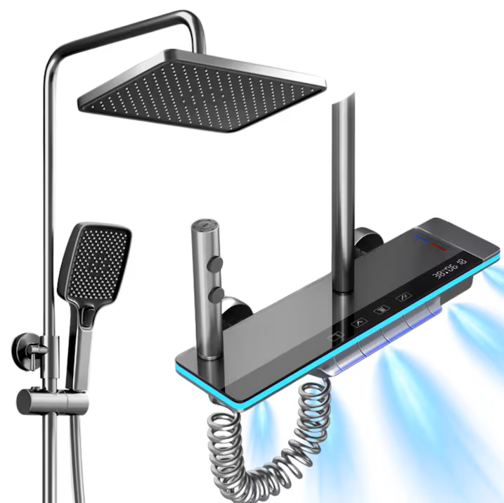 Set de dus cu Iluminare LED si afisaj Digital al Temperaturi, coloana cu termostat si turbina generatoare de curent integrata, 4 functii de curgere a apei, dus reglabil, fix tip ploaie, robinet, Grafi [1]
