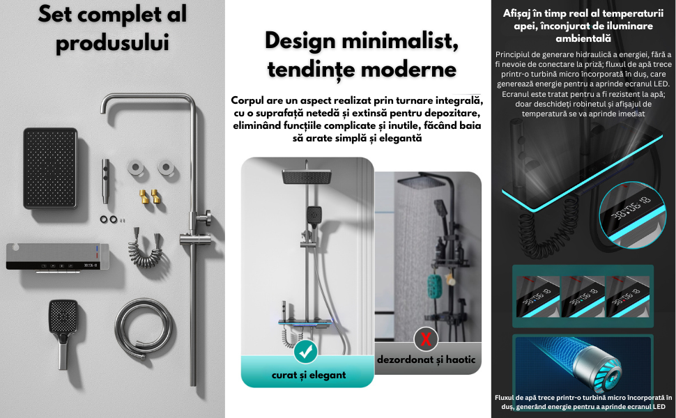 Set de dus cu Iluminare LED si afisaj Digital al Temperaturi, coloana cu termostat si turbina generatoare de curent integrata, 4 functii de curgere a apei, dus reglabil, fix tip ploaie, robinet, Grafi [4]