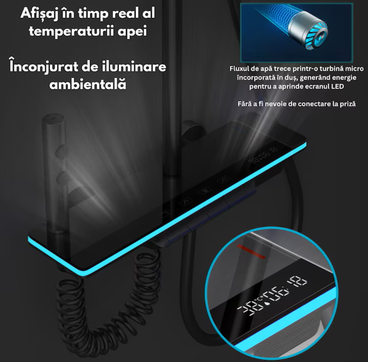 Set de dus cu Iluminare LED si afisaj Digital al Temperaturi, coloana cu termostat si turbina generatoare de curent integrata, 4 functii de curgere a apei, dus reglabil, fix tip ploaie, robinet, Grafi [6]