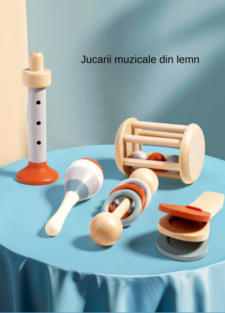 Set instrumente muzicale din lemn, dezvolta recunoasterea ritmului, perfectioneaza coordonarea ochi-mana, abilitati de concentrare, de culoare neutra, 5 bucati [2]