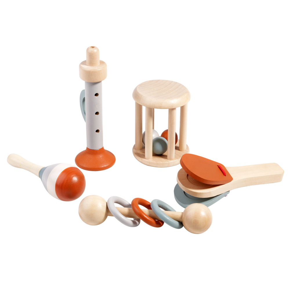 Set instrumente muzicale din lemn, dezvolta recunoasterea ritmului, perfectioneaza coordonarea ochi-mana, abilitati de concentrare, de culoare neutra, 5 bucati [4]