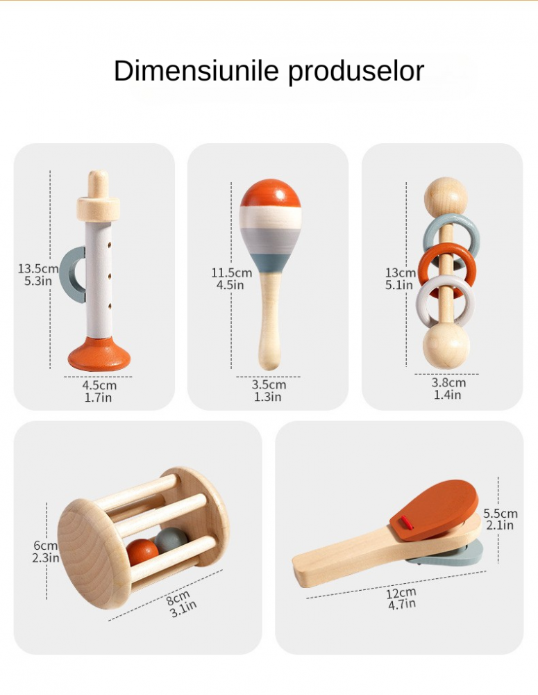 Set instrumente muzicale din lemn, dezvolta recunoasterea ritmului, perfectioneaza coordonarea ochi-mana, abilitati de concentrare, de culoare neutra, 5 bucati [5]