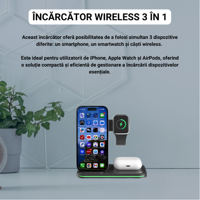 Statie de incarcare wireless 3-in-1, incarcare rapida, telefon, ceas, casti, compatibila iPhone, Apple Watch, AirPods, stand multifunctional pentru birou si calatorii, Negru [3]