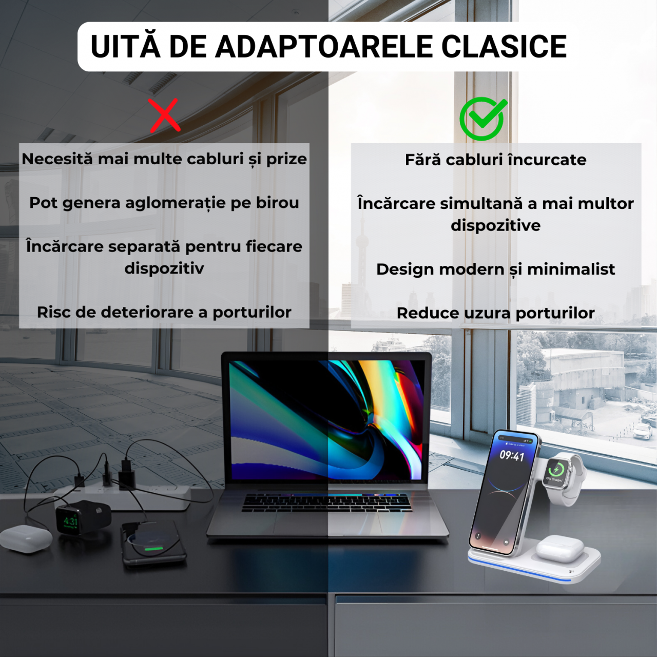 Statie de incarcare wireless 3-in-1, incarcare rapida, telefon, ceas, casti, compatibila iPhone, Apple Watch, AirPods, stand multifunctional pentru birou si calatorii, alb [7]