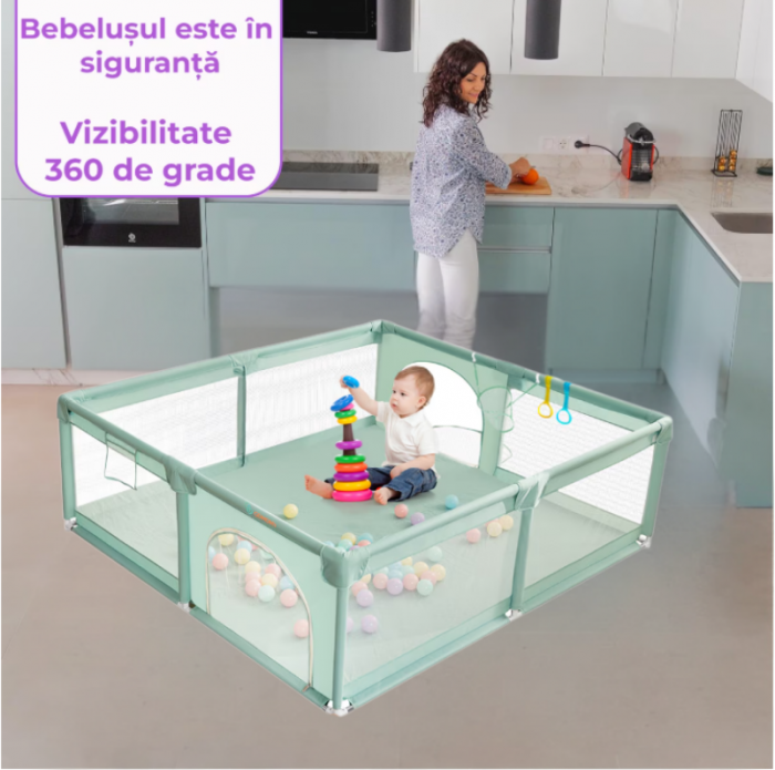 Tarc de Joaca Premium pentru Copii - Design Spatios si Sigur, cu Bile de Joaca, Plasa de Protectie, Usa cu Fermoar, Inele de Activitate si Husa de Transport Inclusa 1.5-2 m [7]