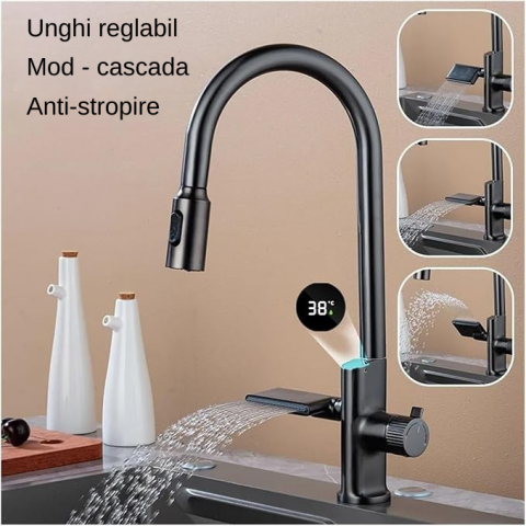 Baterie de bucatarie cu dus extractibil, 2 functii de curgere, display digital, culoare gri luxury [3]