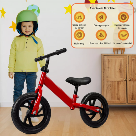 Bicicleta fara pedale pentru copii, model premium, roti negre din spuma EVA, cadru metalic rezistent, sa ajustabila si manere antiderapante, Rosu [4]