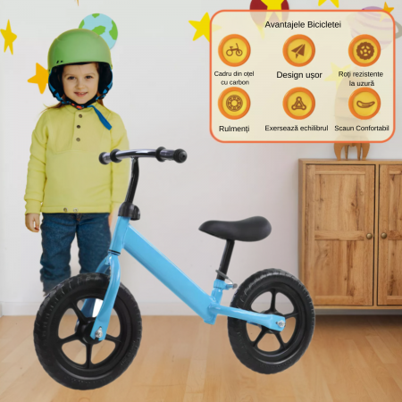 Bicicleta fara pedale pentru copii, model premium, roti negre din spuma EVA, cadru metalic rezistent, sa ajustabila si manere antiderapante, Albastra [3]
