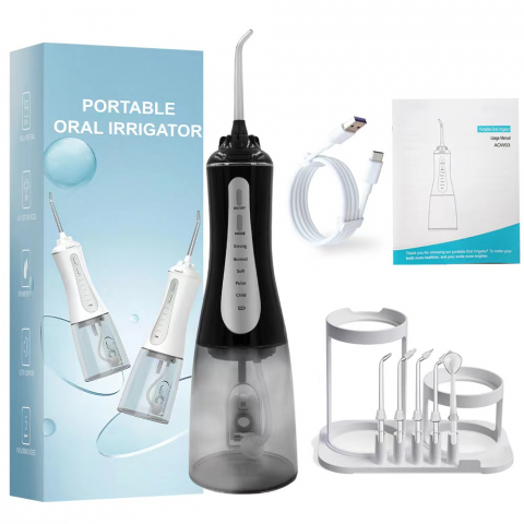 Irigatoare bucale - Irigator oral profesional pentru dus bucal, 350ml, electric cu 6 capete, 5 moduri de curatare, jet puternic, design ergonomic, rezistent la apa, portabil si reincarcabil, USB, negru
