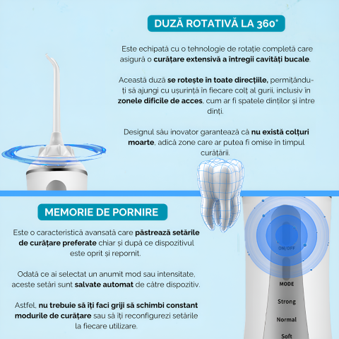Irigator oral profesional pentru dus bucal, 350ml, electric cu 6 capete, 5 moduri de curatare, jet puternic, design ergonomic, rezistent la apa, portabil si reincarcabil, USB, negru [2]