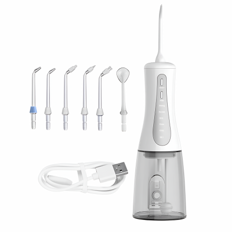 Irigatoare bucale - Irigator oral profesional pentru dus bucal, 350ml, electric cu 6 capete, 5 moduri de curatare, jet puternic, design ergonomic, rezistent la apa, portabil si reincarcabil, USB, alb