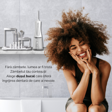 Irigator oral profesional pentru dus bucal, 350ml, electric cu 6 capete, 5 moduri de curatare, jet puternic, design ergonomic, rezistent la apa, portabil si reincarcabil, USB, alb [1]