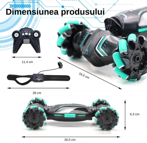 Masinuta RC cu telecomanda dubla - Control prin gesturi si telecomanda traditionala, miscare 360°, roti omnidirectionale, efecte sonore si luminoase, verde [4]