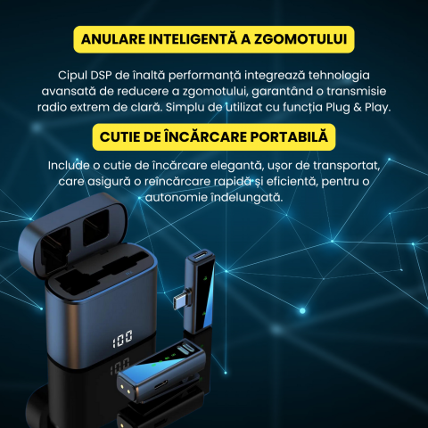 Microfon lavaliera wireless, reducere zgomot, 2.4G,  compatibil type-C, inregistrare/incarcare simultana, ideal filmari si prezentari, portabil, negru [3]