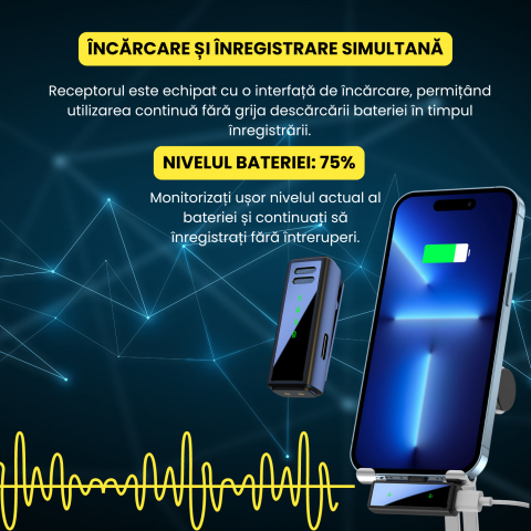 Microfon lavaliera wireless, reducere zgomot, 2.4G,  compatibil type-C, inregistrare/incarcare simultana, ideal filmari si prezentari, portabil, negru [2]