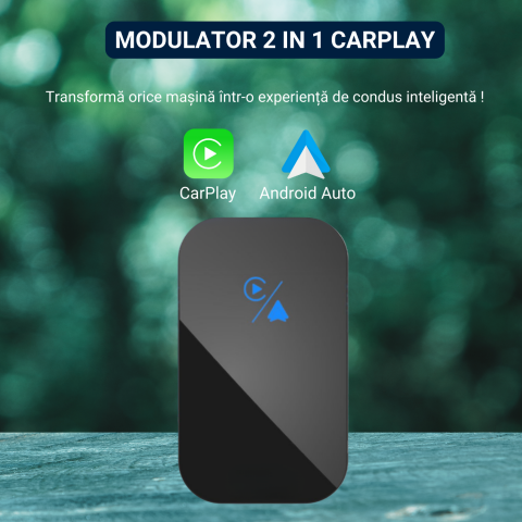 Modulator wireless 2 in 1 CarPlay si Android Auto, compatibil Apple si Android, conectivitate USB si USB-C, navigatie, apeluri, mesaje, muzica, Plug&Play, negru [1]