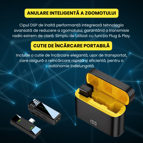 Set 2 microfoane lavaliera profesionala, wireless, 2.4G, reducere zgomot, compatibil type-c si lightning, ideal filmari si prezentari, inregistrare/incarcare simultana, portabil, negru galben [3]