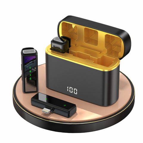 Microfoane - Set 2 microfoane lavaliera profesionala, wireless, 2.4G, reducere zgomot, compatibil type-c si lightning, ideal filmari si prezentari, inregistrare/incarcare simultana, portabil, negru galben