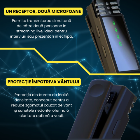 Set 2 microfoane lavaliera profesionala, wireless, 2.4G, reducere zgomot, compatibil type-c si lightning, ideal filmari si prezentari, inregistrare/incarcare simultana, portabil, negru galben [6]
