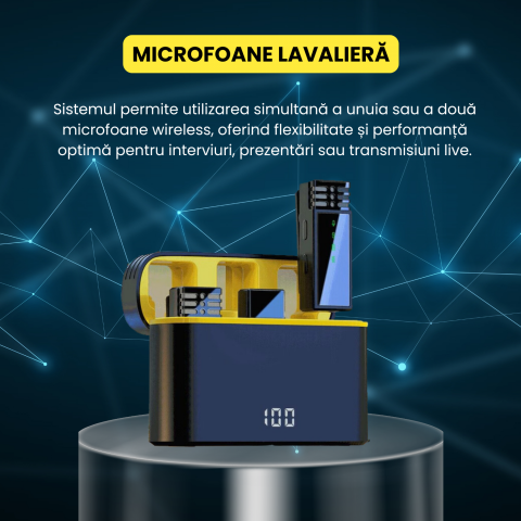 Set 2 microfoane lavaliera profesionala, wireless, 2.4G, reducere zgomot, compatibil type-c si lightning, ideal filmari si prezentari, inregistrare/incarcare simultana, portabil, negru galben [1]