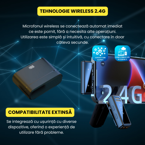 Set 2 microfoane lavaliera profesionala, wireless, 2.4G, reducere zgomot, compatibil type-c si lightning, ideal filmari si prezentari, inregistrare/incarcare simultana, portabil, negru galben [4]