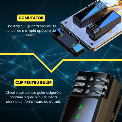 Set 2 microfoane lavaliera profesionala, wireless, 2.4G, reducere zgomot, compatibil type-c si lightning, ideal filmari si prezentari, inregistrare/incarcare simultana, portabil, negru galben [5]