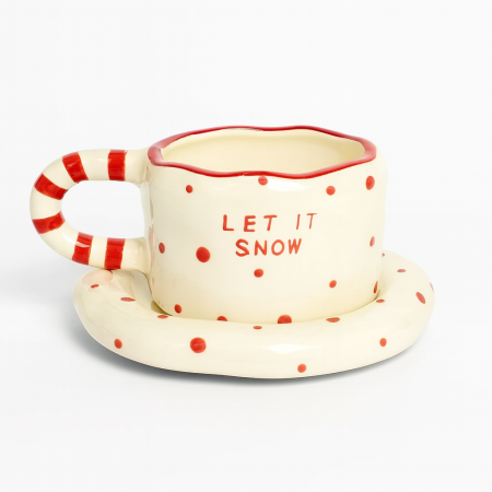 Produse casa - Set Colorat Cana si Farfurioara din Ceramica cu Buline, Pictata Manual, Design Festiv de Craciun, Ideala pentru Mic Dejun, Cappuccino, Ceai si Cadouri Inspirate, Cana Unica + Farfurioara Asortata