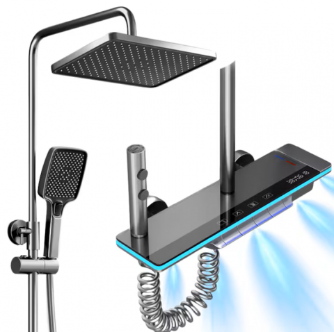 Articole sanitare - Set de dus cu Iluminare LED si afisaj Digital al Temperaturi, coloana cu termostat si turbina generatoare de curent integrata, 4 functii de curgere a apei, dus reglabil, fix tip ploaie, robinet, Grafi