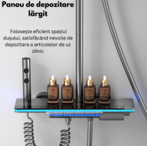 Set de dus cu Iluminare LED si afisaj Digital al Temperaturi, coloana cu termostat si turbina generatoare de curent integrata, 4 functii de curgere a apei, dus reglabil, fix tip ploaie, robinet, Grafi [6]