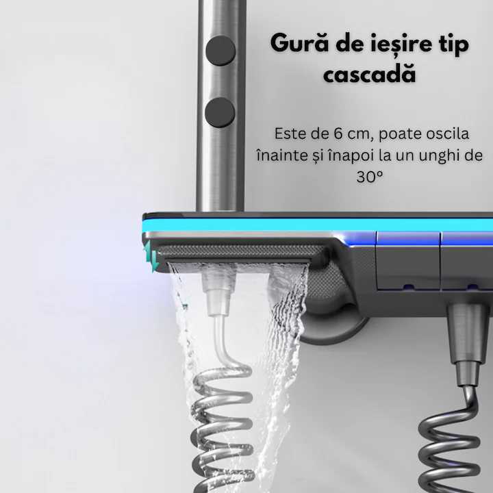 Set de dus cu Iluminare LED si afisaj Digital al Temperaturi, coloana cu termostat si turbina generatoare de curent integrata, 4 functii de curgere a apei, dus reglabil, fix tip ploaie, robinet, Grafi [7]