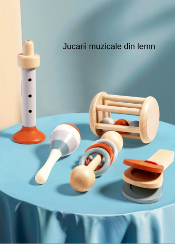 Set instrumente muzicale din lemn, dezvolta recunoasterea ritmului, perfectioneaza coordonarea ochi-mana, abilitati de concentrare, de culoare neutra, 5 bucati [1]