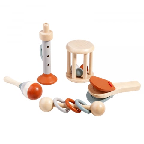 Set instrumente muzicale din lemn, dezvolta recunoasterea ritmului, perfectioneaza coordonarea ochi-mana, abilitati de concentrare, de culoare neutra, 5 bucati [3]