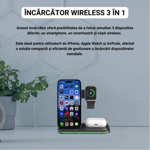 Statie de incarcare wireless 3-in-1, incarcare rapida, telefon, ceas, casti, compatibila iPhone, Apple Watch, AirPods, stand multifunctional pentru birou si calatorii, Negru [2]