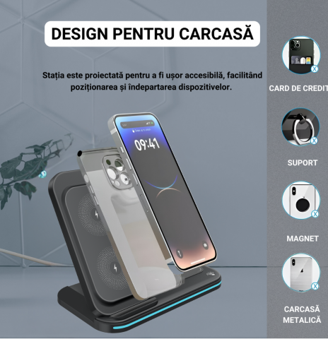 Statie de incarcare wireless 3-in-1, incarcare rapida, telefon, ceas, casti, compatibila iPhone, Apple Watch, AirPods, stand multifunctional pentru birou si calatorii, Negru [4]