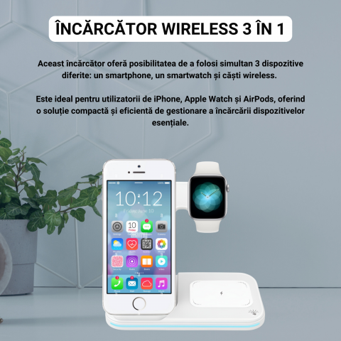 Statie de incarcare wireless 3-in-1, incarcare rapida, telefon, ceas, casti, compatibila iPhone, Apple Watch, AirPods, stand multifunctional pentru birou si calatorii, alb [1]