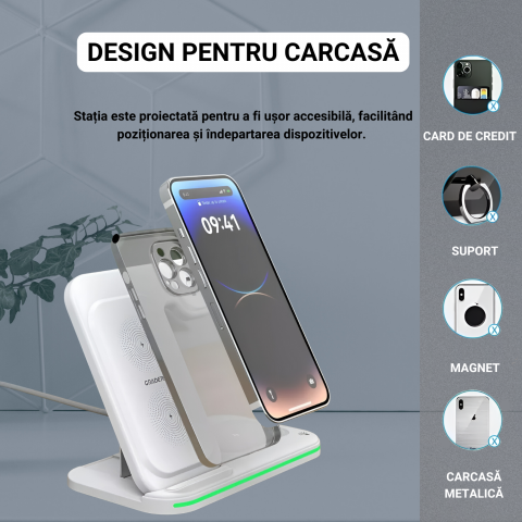 Statie de incarcare wireless 3-in-1, incarcare rapida, telefon, ceas, casti, compatibila iPhone, Apple Watch, AirPods, stand multifunctional pentru birou si calatorii, alb [5]