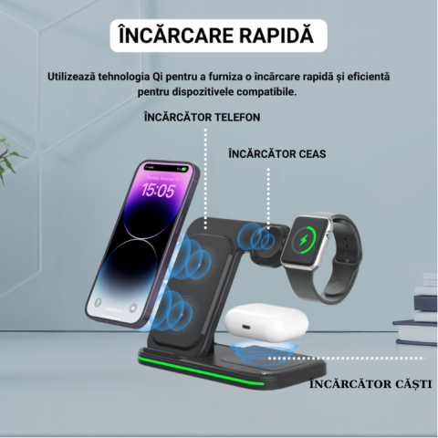 Statie de incarcare wireless 3-in-1, incarcare rapida, telefon, ceas, casti, compatibila iPhone, Apple Watch, AirPods, stand multifunctional pentru birou si calatorii, Negru [1]