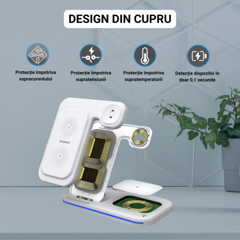Statie de incarcare wireless 3-in-1, incarcare rapida, telefon, ceas, casti, compatibila iPhone, Apple Watch, AirPods, stand multifunctional pentru birou si calatorii, alb [4]