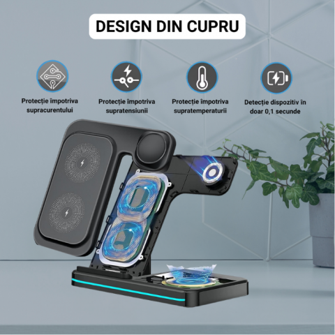Statie de incarcare wireless 3-in-1, incarcare rapida, telefon, ceas, casti, compatibila iPhone, Apple Watch, AirPods, stand multifunctional pentru birou si calatorii, Negru [3]