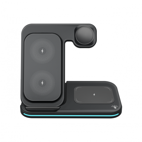 Incarcatoare telefoane - Statie de incarcare wireless 3-in-1, incarcare rapida, telefon, ceas, casti, compatibila iPhone, Apple Watch, AirPods, stand multifunctional pentru birou si calatorii, Negru