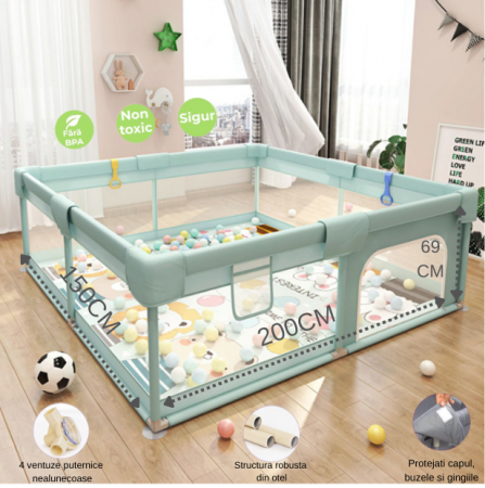 Tarc de Joaca Premium pentru Copii - Design Spatios si Sigur, cu Bile de Joaca, Plasa de Protectie, Usa cu Fermoar, Inele de Activitate si Husa de Transport Inclusa 1.5-2 m [4]