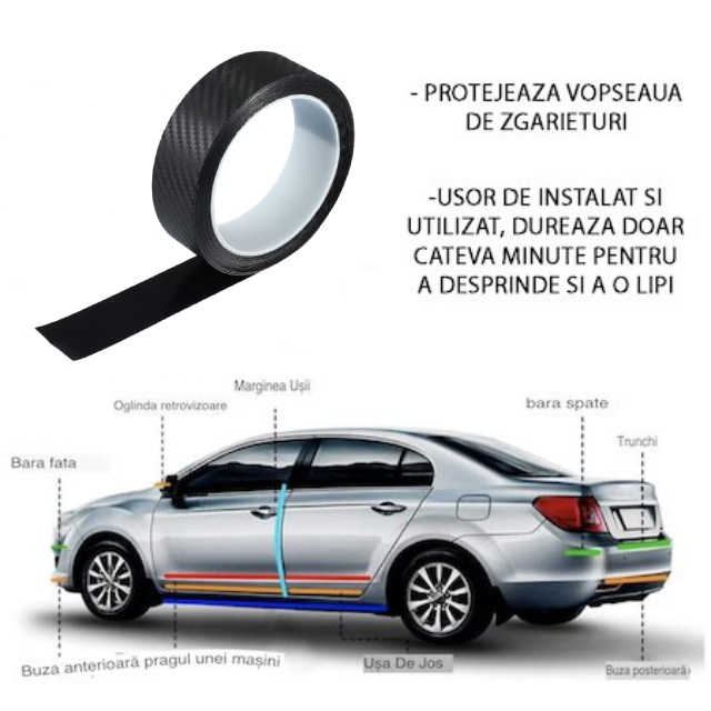 Banda Protectie Auto, din Carbon, Pentru Prag, Usa, Bara, Bord, Impermeabila, Tuning Auto, 3m x 3cm [4]