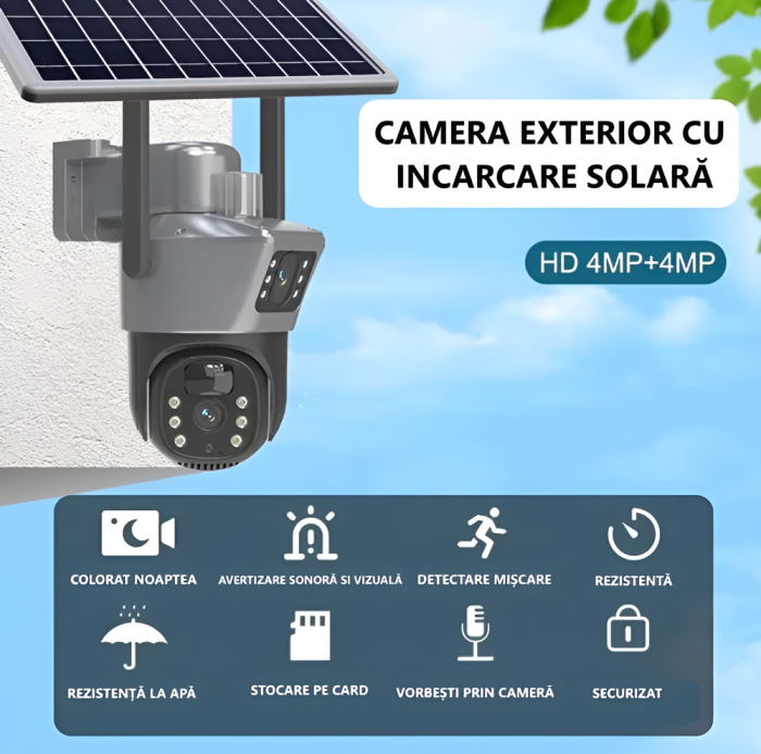 Camera de supraveghere duble Cu panou solar, eSimplu®, 4MP, 2.5K, acumulatori 15600 mAh, 4G SIM 2.4Ghz, Panou Solar 8W, 4X zoom, vedere nocturna, Urmarire automata, IP66, stocare card, Negru [6]