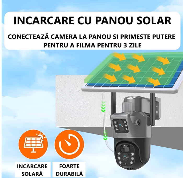 Camera de supraveghere duble Cu panou solar, eSimplu®, 4MP, 2.5K, acumulatori 15600 mAh, 4G SIM 2.4Ghz, Panou Solar 8W, 4X zoom, vedere nocturna, Urmarire automata, IP66, stocare card, Negru [4]