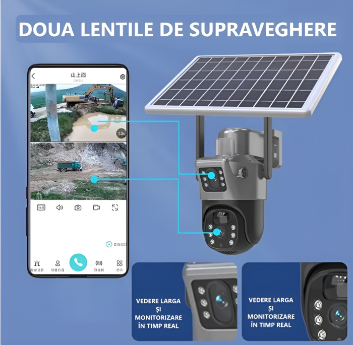 Camera de supraveghere duble Cu panou solar, eSimplu®, 4MP, 2.5K, acumulatori 15600 mAh, 4G SIM 2.4Ghz, Panou Solar 8W, 4X zoom, vedere nocturna, Urmarire automata, IP66, stocare card, Negru [5]