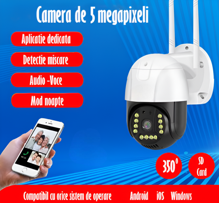 Camera de Supraveghere Video 5MP 2560x1920, Aplicatie Dedicata, Intelligent Tracking, PTZ, WIFI, Lan, AP hotspot, Micro SD, Rotire, Alarma miscare, Interior si Exterior [12]