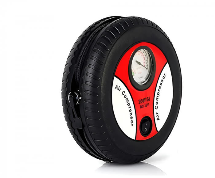 Compresor Aer Auto In Forma De Anvelopa, 12V, 260 PSI, 20l/minut, Pompa Pentru Umflare Anvelopa, Roti Bicicleta Sau Mingi, Negru-rosu [3]