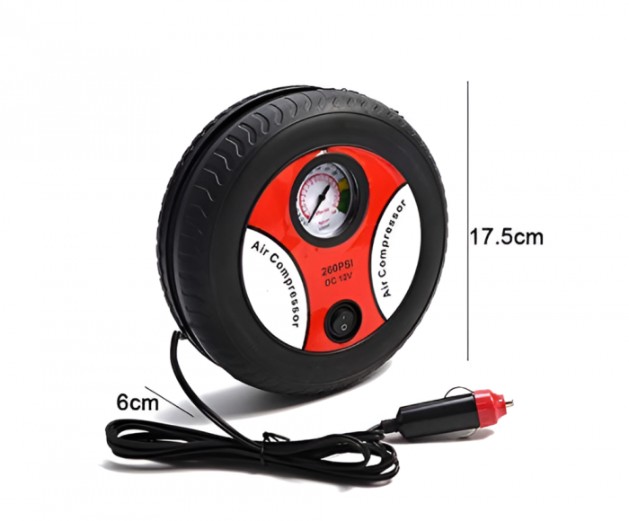 Compresor Aer Auto In Forma De Anvelopa, 12V, 260 PSI, 20l/minut, Pompa Pentru Umflare Anvelopa, Roti Bicicleta Sau Mingi, Negru-rosu [8]