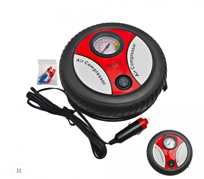 Compresor Aer Auto In Forma De Anvelopa, 12V, 260 PSI, 20l/minut, Pompa Pentru Umflare Anvelopa, Roti Bicicleta Sau Mingi, Negru-rosu [4]